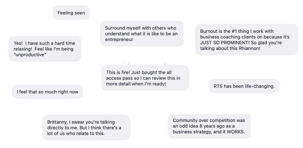Screenshots of feedback for our Business Boost Summit day one speakers and praise for Rising Tide