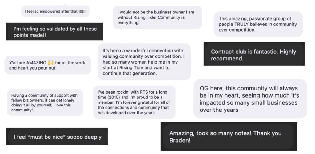 Screenshots of feedback for our Business Boost Summit day four speakers and praise for Rising Tide