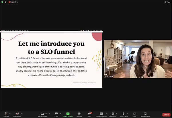 Board member Emilia sharing her virtual summit presentation on SLO Funnels