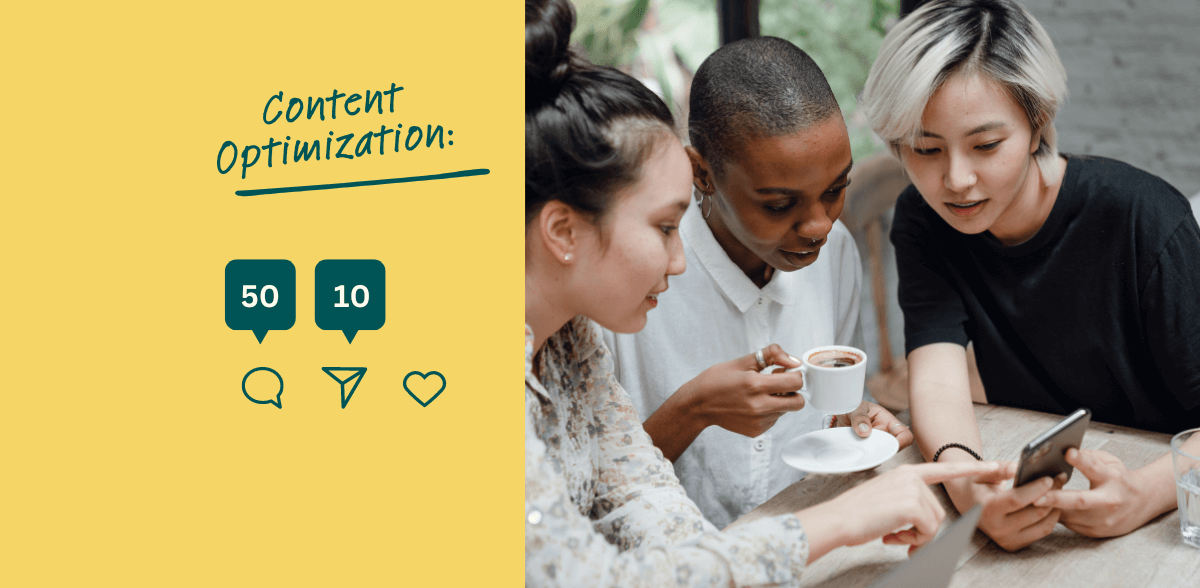 Featured image for Executing Content Strategy blog post, group of three women around table looking at a phone, graphic on left with like, comment, and share buttons and interaction count